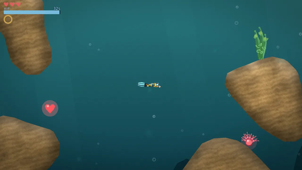 Kyle Coral gameplay — a diver glides through the sunlit Shallows past coral and kelp, air meter up top.
