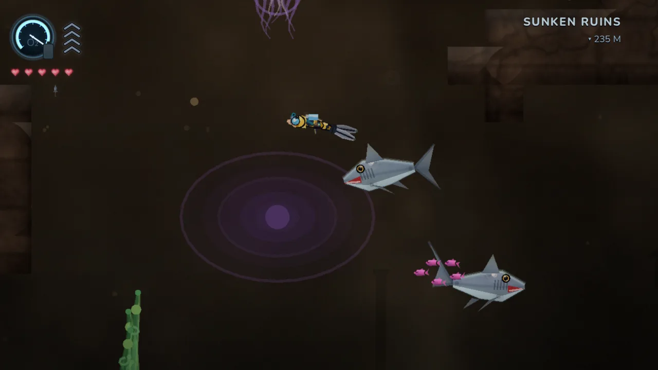 Kyle Coral gameplay: a diver threads the Sunken Ruins between two sharks and a pink shoal.