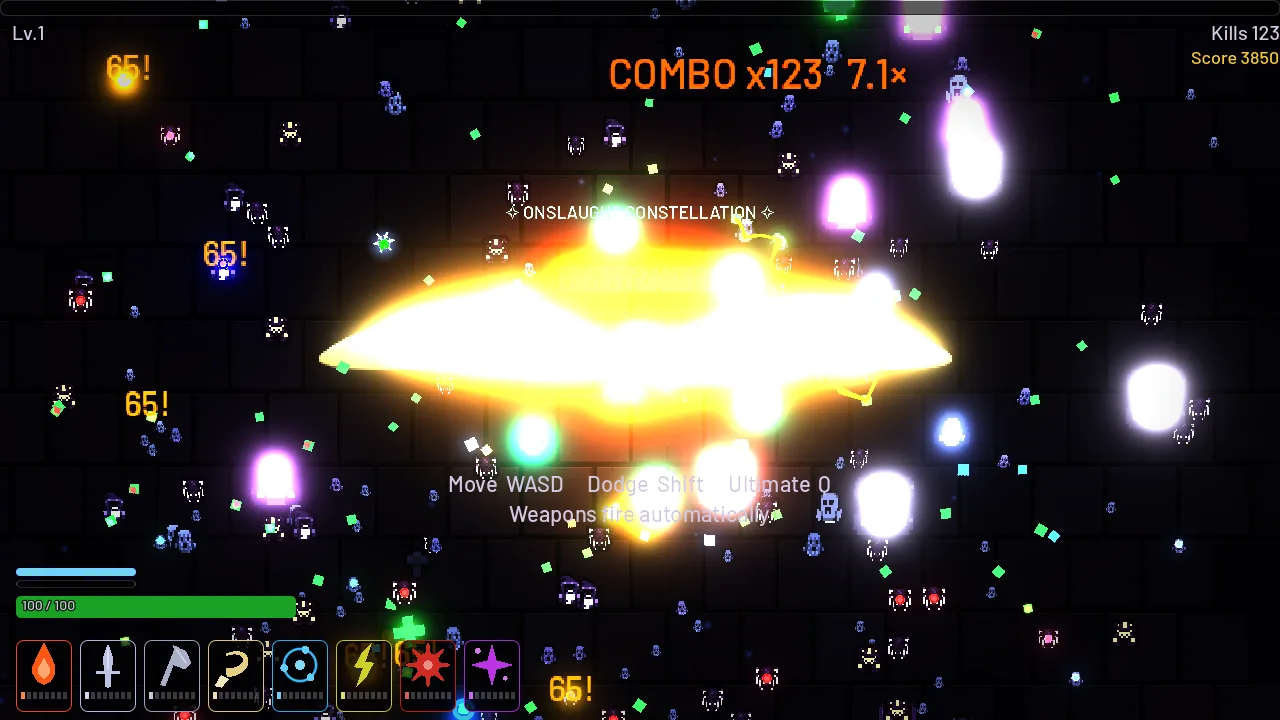 Kyle Crusader gameplay — a dense swarm of dungeon enemies around a huge ability blast, weapon rail and combo counter on screen.