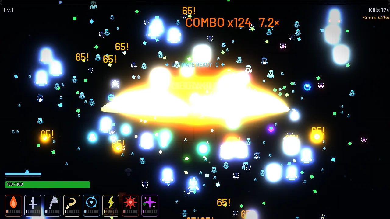 Kyle Crusader gameplay in the Frosthold: a dense swarm of enemies around a huge golden ability blast, with the combo counter and ultimate meter on screen.