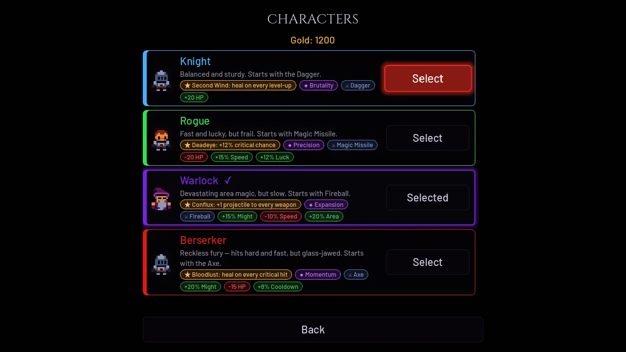 Kyle Crusader character select: Knight, Rogue, Warlock and Berserker, each with a starting weapon and trait; the Warlock is chosen.