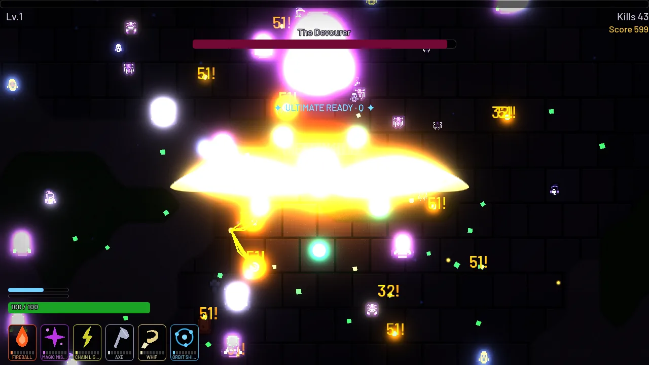 Kyle Crusader boss fight: a huge ability blast tears through the swarm as the boss The Devourer looms behind its health bar across the top of the screen.